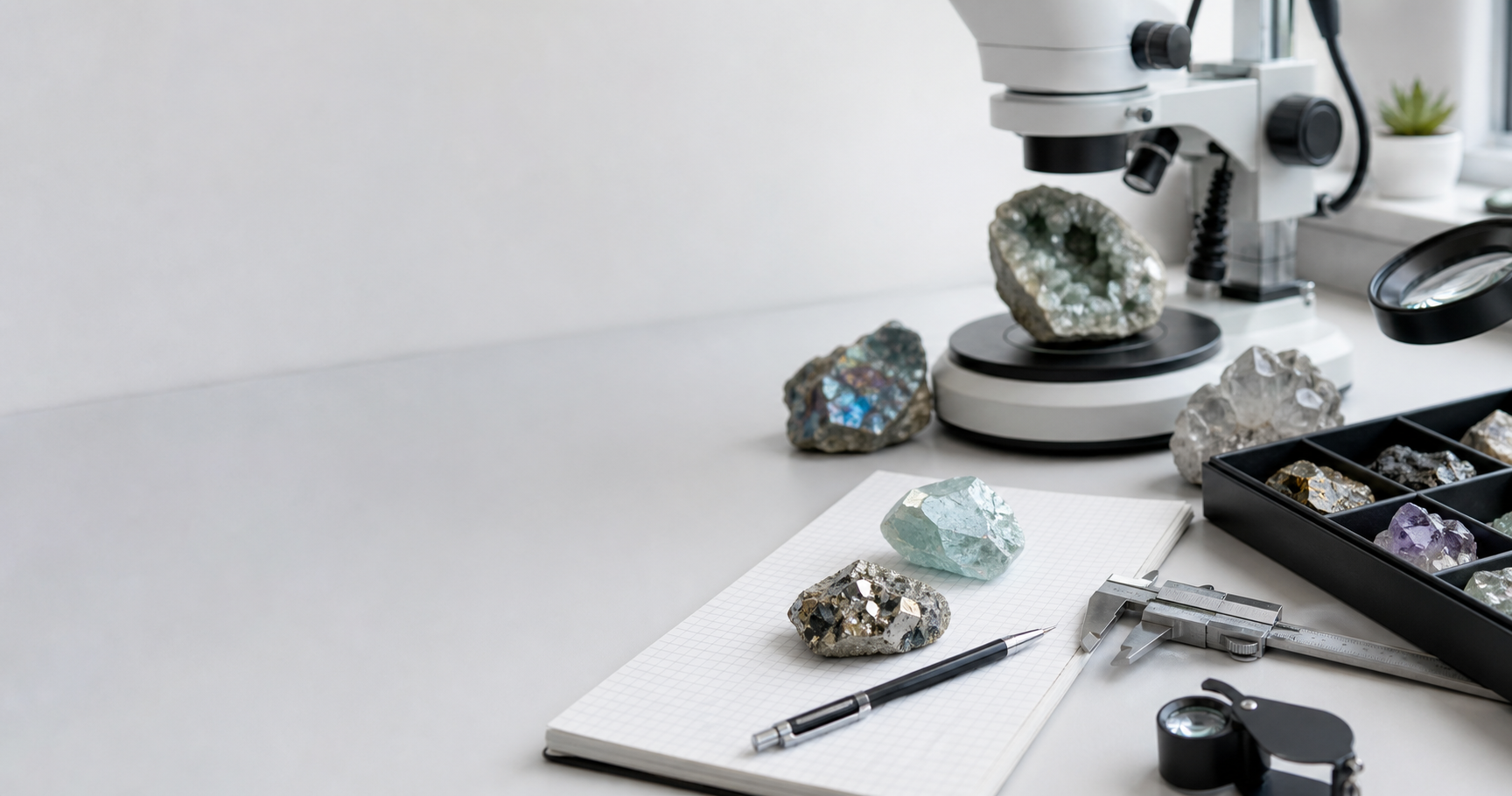 Mineral specimens arranged on a laboratory-style research bench with calipers and observation tools.